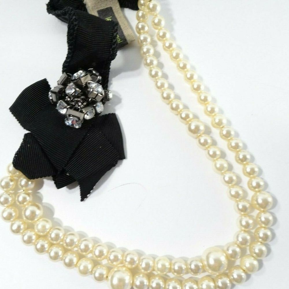 Lee Angel Neiman Marcus Double Pearl Grosgrain Ribbon Gemstone NEcklace NWT 235